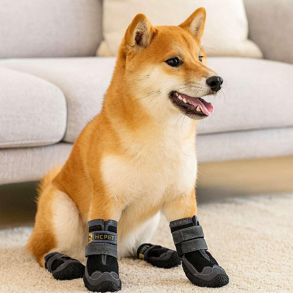 Shiba de couleur claire avec des bottes chaussures noir avec en fond un canapé gris. Image produit boutiquechien