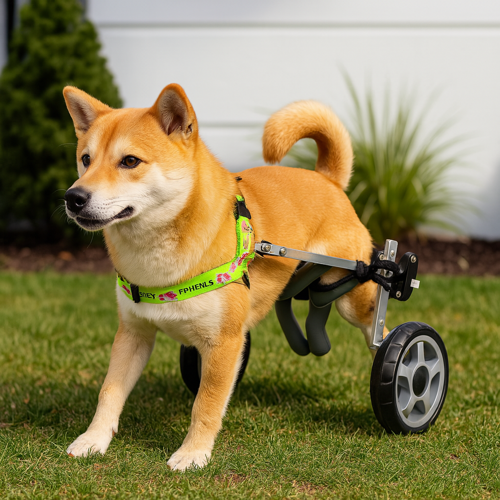 shiba brun et blanc utilisant un chariot de marche pour chien. Image produit Boutiquechien