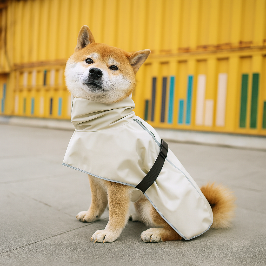Shiba de couleur claire portant un imper pour chine de couleur claire dans une ville. Le chien est assis et derrière lui il y a un mur métallique jaune. Image produit Boutiquechien