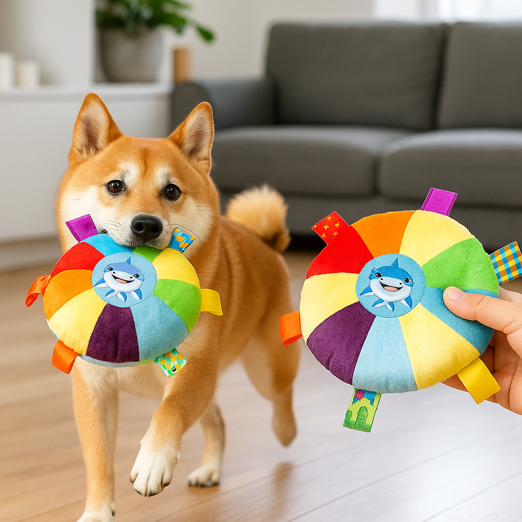 shiba brun et blanc jouant avec son jouet coloré durable et résistant. En fond il y a un canapé gris et une plante verte. Image produit Boutiquechien