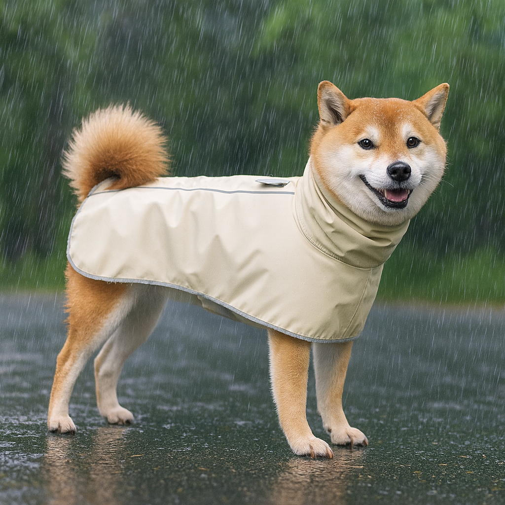 Shiba de couleur claire portant un imper de couleur gris. Le chien est debout dans une ville sur du goudron et au fond des arbres vert. Image produit Boutiquechien