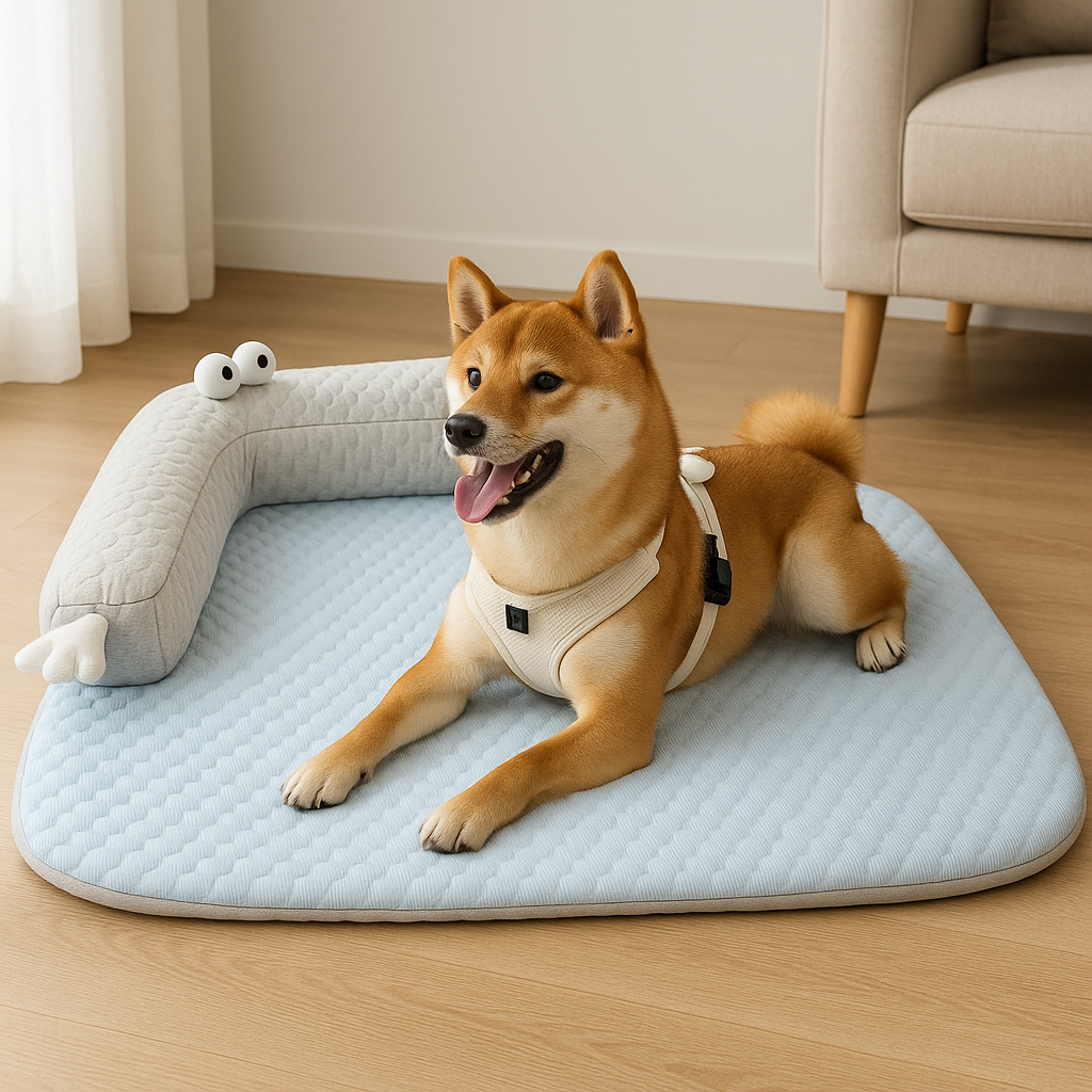 Shiba brun couché sur un tapis rafraîchissant de couleur bleu et blanc dans un salon de couleur claire. Image produit Boutiquechien