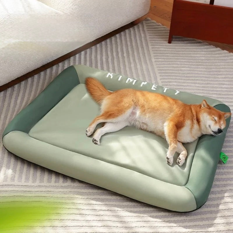 Shiba couché brun et blanc sur un tapis chien vert claire et foncé avec en fond un canapé chien blanc. Image produit Boutiquechien