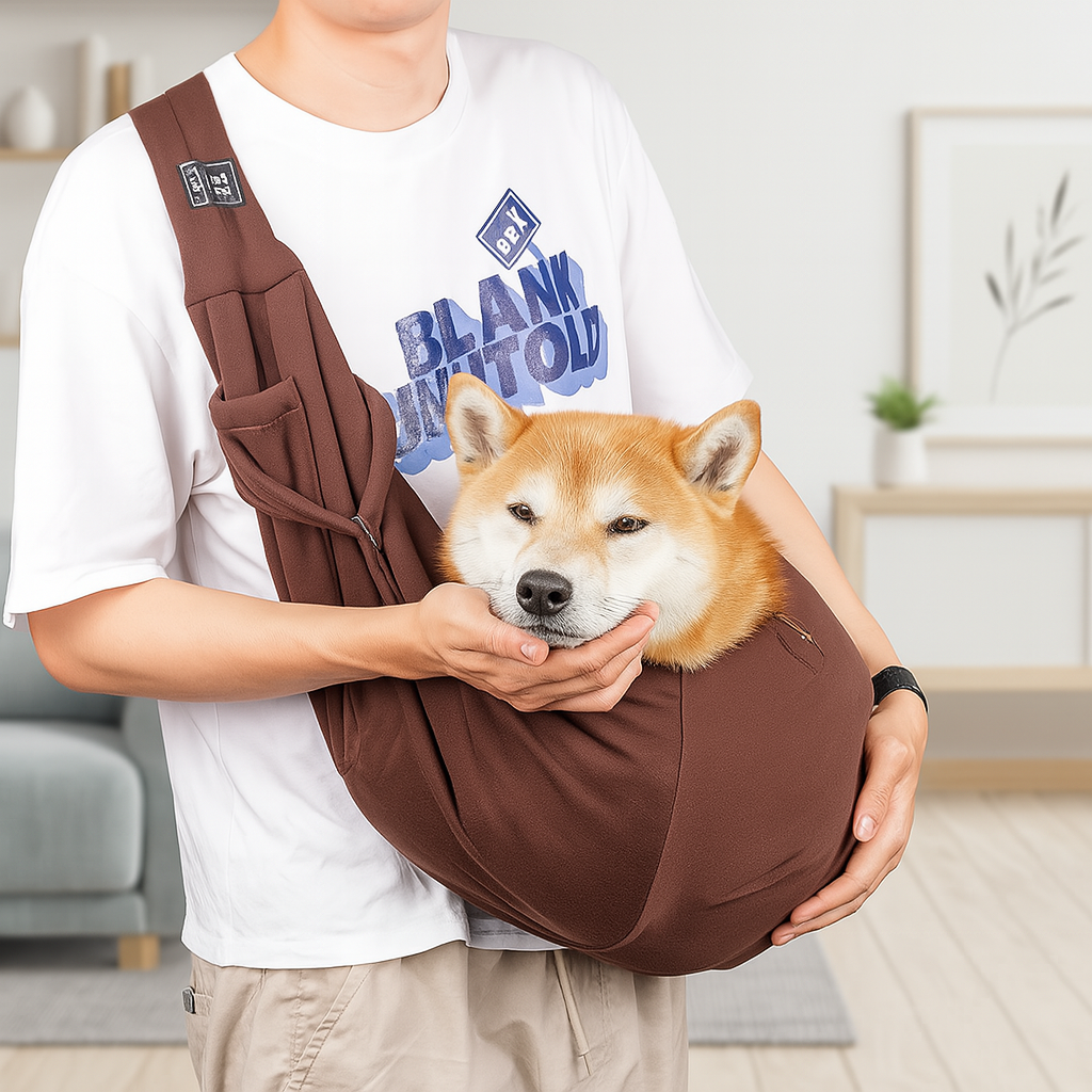 shiba de couleur brun et blanc se faisant tenir par un homme habillé en blanc. Le chien est dans un sac de couler brun. Les deux sont dans une pièce de couleur claire avec en fond un tableau. Image produit Boutiquechien