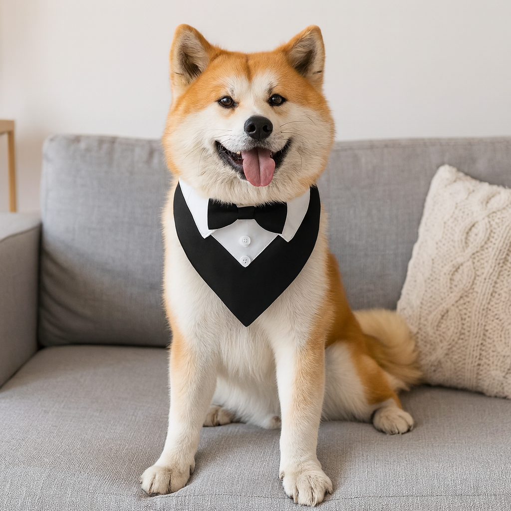chien de couleur claire assis sur un canapé de couleur gris. Le chien porte un bandana classe de couleur noir et blanc. Image produit Boutiquechien