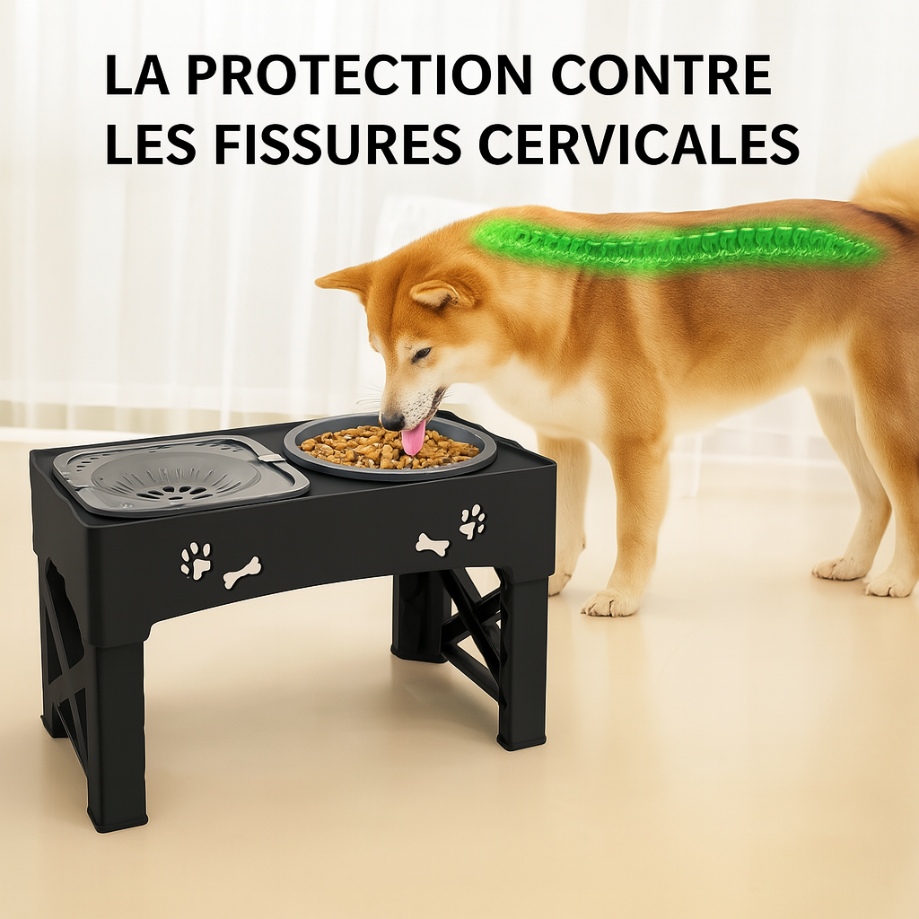 Shiba m'ancrant dans la gamelle sureleve en montrant les biens faits sur la colonne vertébral. Image produit Boutiquechien