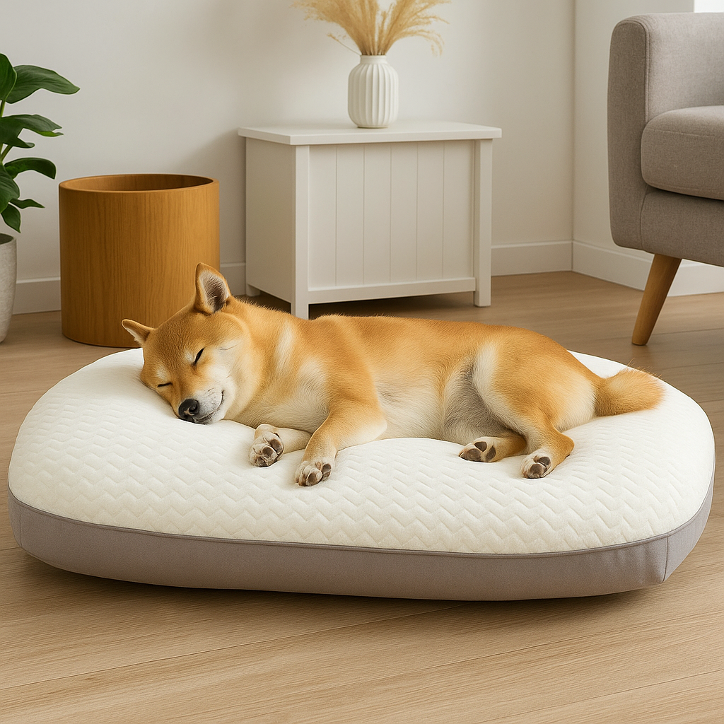 Shiba brun dormant dans un salon de couleur claire avec en fond un canapé gris et une commode en bois blanc. Le chien dort sur un panier chien xl blanc et gris. Image produit Boutiquechien