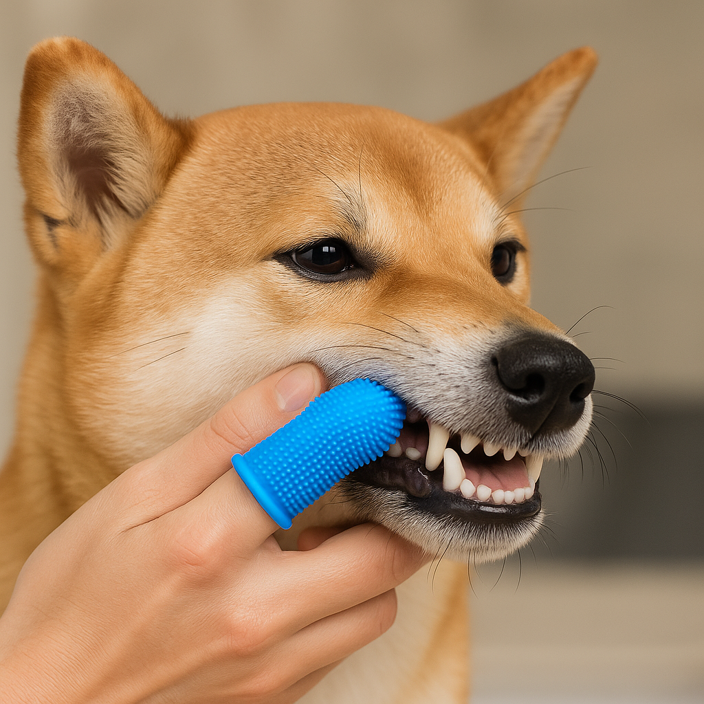 Shiba de couleur brun se faisant brosser les dents avec une brosse à dent doigt pour chien 360 de couleur bleu. Image produit Boutiquechien