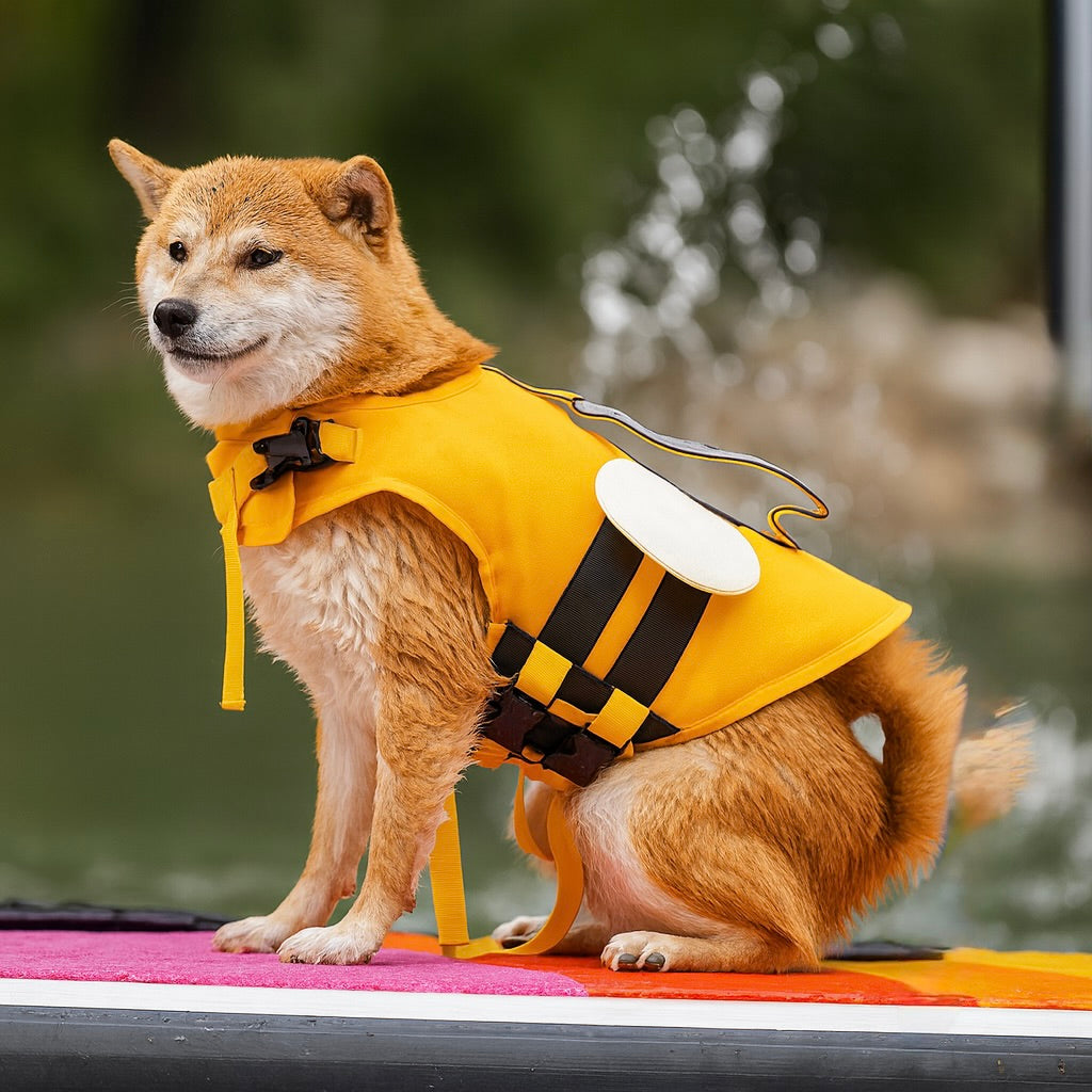 Shiba mouillé assis sur un puddle portant un gilet de sauvetage pour chien de couleur jaune en forme d'abeille. Image produit Boutiquechien