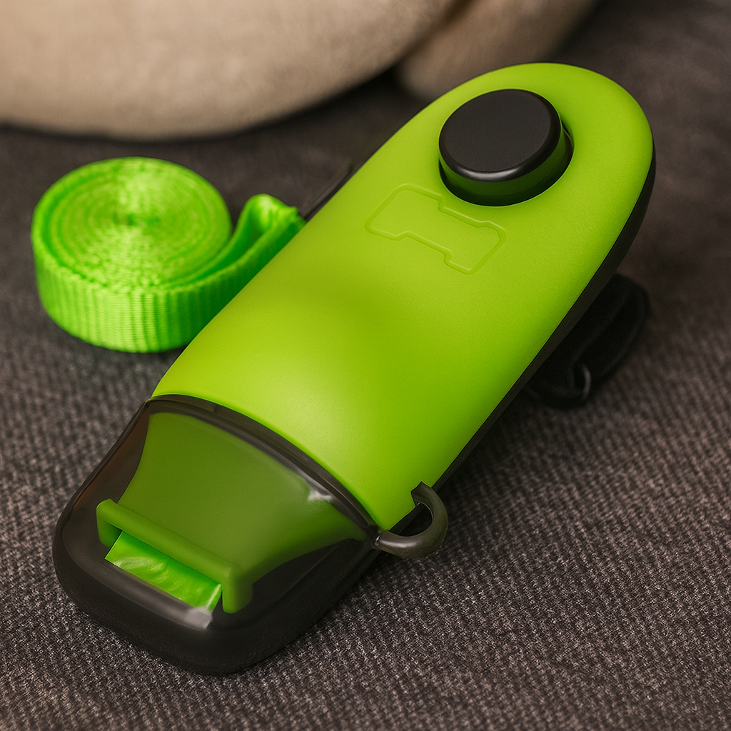 Sifflet et clicher pour chien de couleur vert et noir posé sur un tissu noir. Image produit Boutiquechien