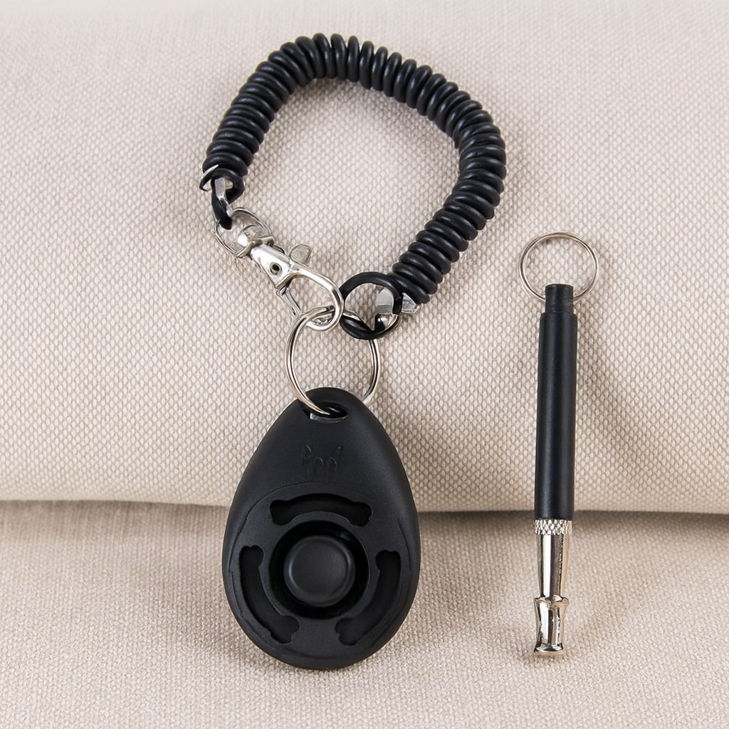 Clicher pour chien de couleur noir avec un sifflet. Image produit Boutiquechien