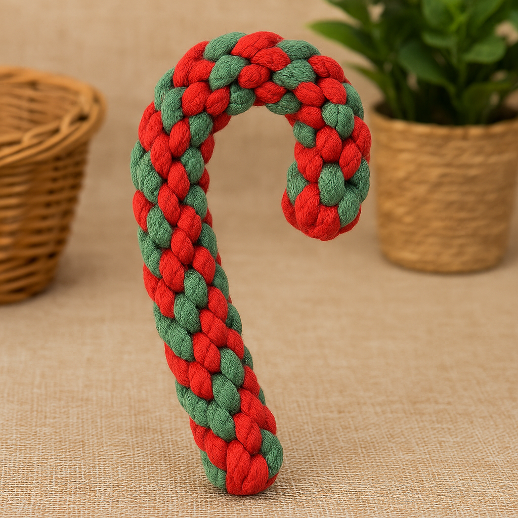 jouet chien en forme de sucre d'orge au couleur de noël. Le jouet en forme de sucre d'orge posé près d'un pot de fleur vert. Image produit Boutiquechien