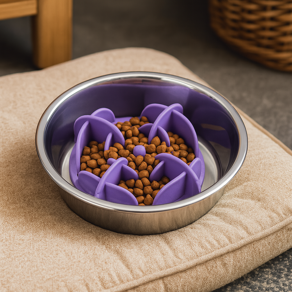 support anti-glouton dans une gamelle inox sur un coussin gris avec en fond un panier en osier. Image produit Boutiquechien