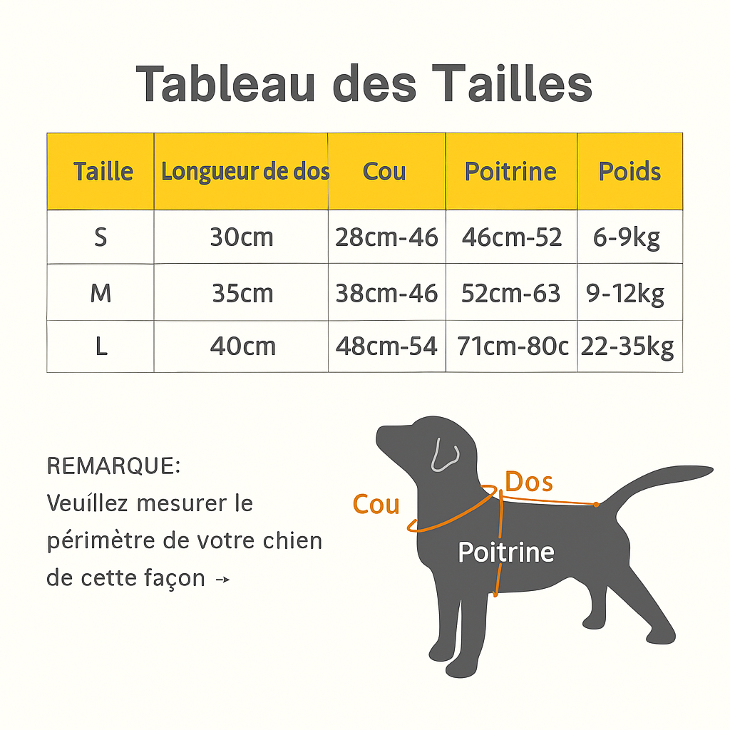 dimensions total du gilet de sauvetage pour chien de couleur animal pour les chiens. Image produit Boutiquechien