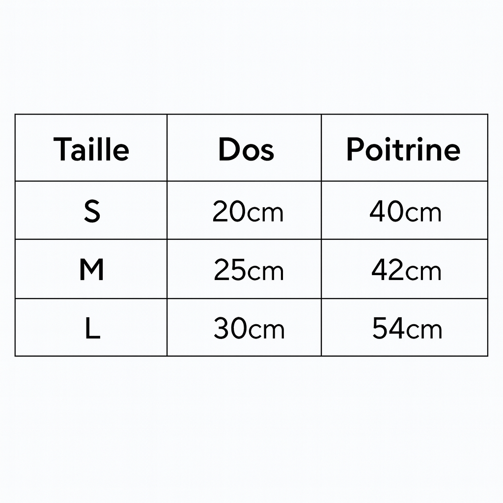 tableaux des dimensions pour les déguisement des chiens en formes de hot dog de boutiquechien