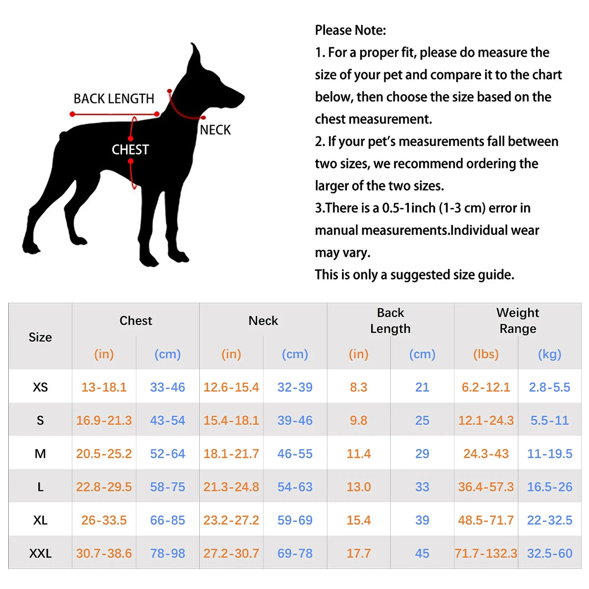 Tableau de toutes les dimensions du gilet de sauvetage pour chien. Image produit Boutiquechien