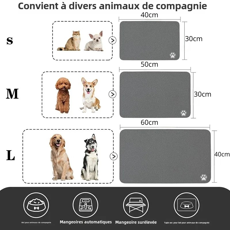 dimension total du tapis gamelle pour chien avec toutes les qualités. Image produit Boutiquechien