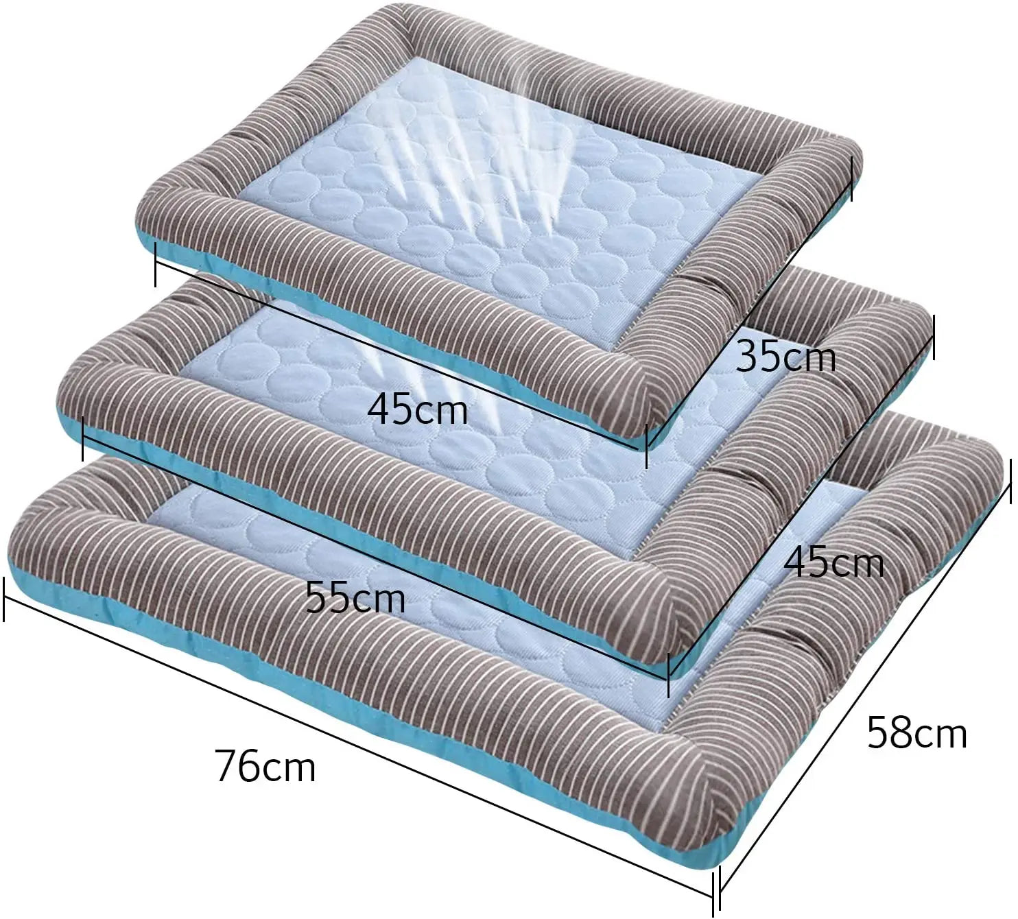 Dimensions total du tapis chien rafraîchissantde couleur bleu et gris. Les dimensions vont de 76cm à 45 cm de long. Image produit Boutiquechien