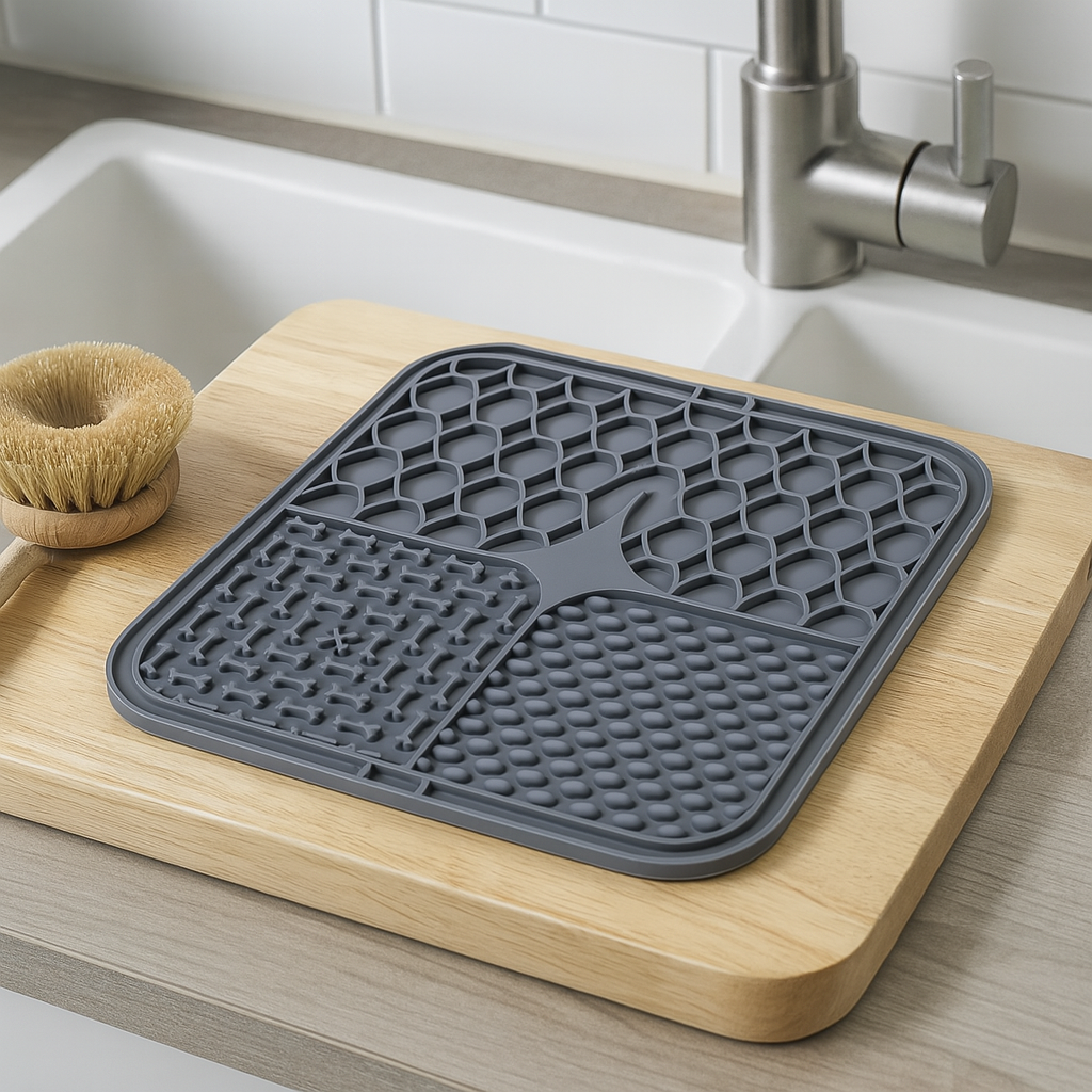 Tapis pour chien anti glouton de couleur noir posé sur un plan de travail près d'un évier. parfait pour laver votre produit facilement. Image produit Boutiquechien