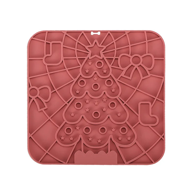 Tapis anti glouton de couleur rouge en forme de sapin de Noel. Image produit Boutiquechien