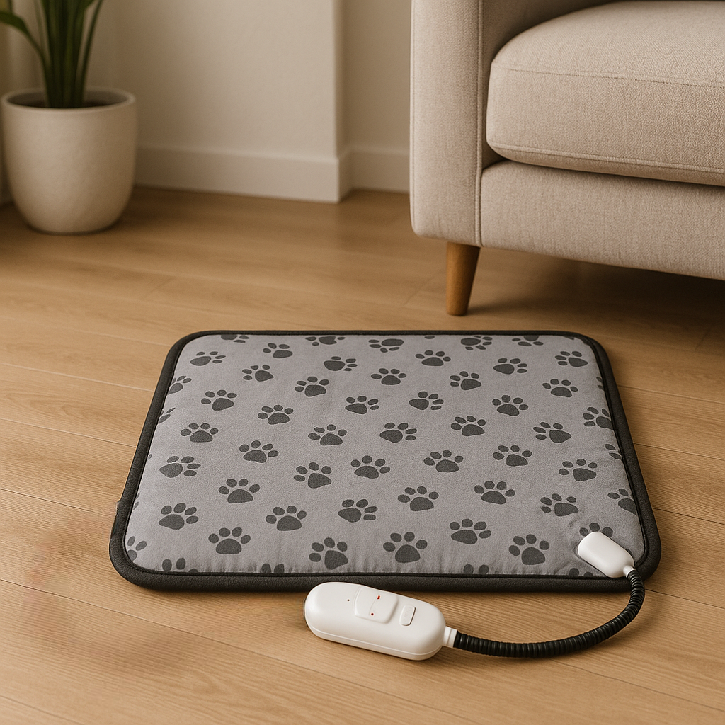 Tapis chauffant de couleur gris avec des motifs pattes dessus. Le tapis chauffant est de couleur gris près d'un canapé de couleur gris. Image produit BOutiquechien