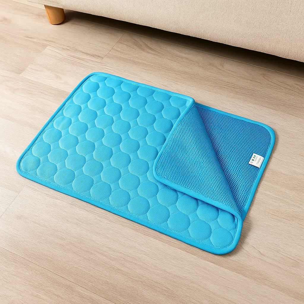 Tapis chien de couleur bleu rafraîchissant dans un salon de couleur bleu. Image produit Boutiquechien