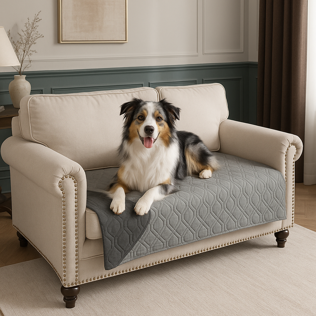 berger australien de couleur blanc et claire couché le canapé de couleur blanc avec une protection de canapé gris dans un salon classe. Image produit Boutiquechien