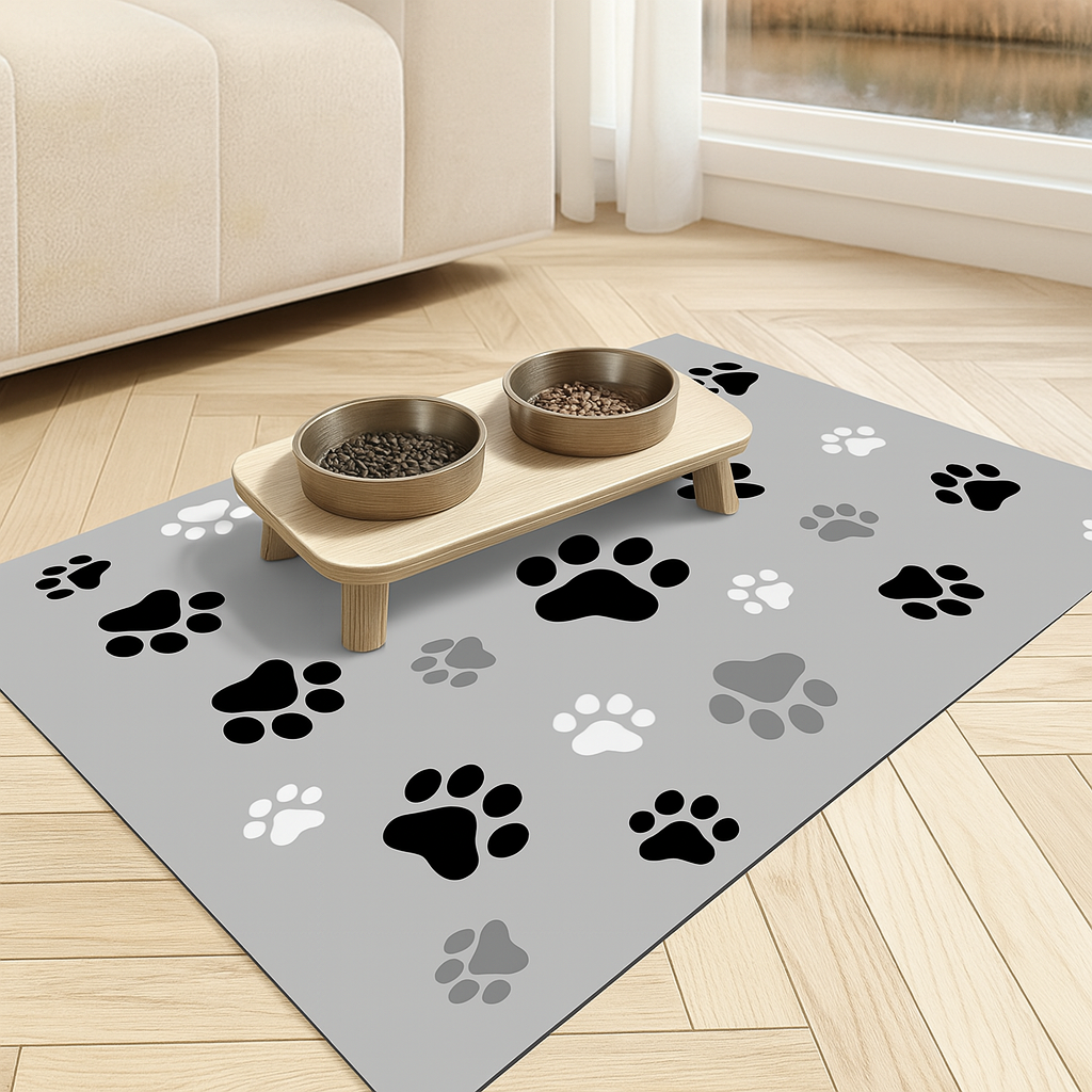 Tapis pour chien absorbant de couleur gris avec des formes de patte sur la tapis chien. En fond il y a un canapé pour chien blanc et une fenêtre. Image produit Boutiquechien