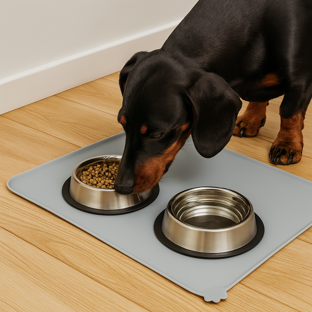 tapis gamelle pour chien de couleur gris résistant et durable fait en caoutchouc gris. Le tapis gamelle est parfait pour vos chien avec un chien l'utilisant de couleur noir et blanc. Image produit Boutiquechien