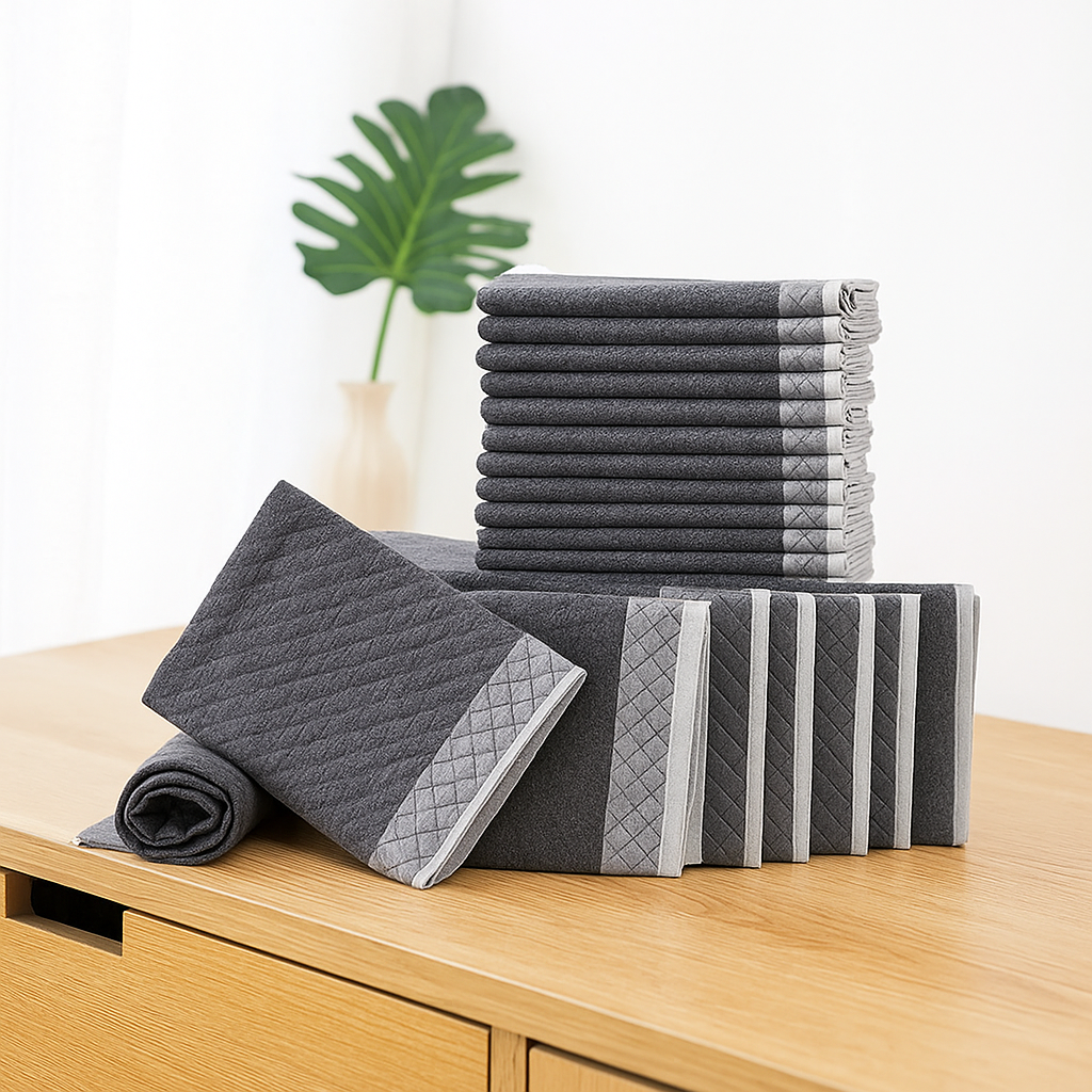 Tapis chien de propreté de couleur noir pour chien. Les tapis de propreté sont posé sur un meuble en bois. Image produit Boutiquechien