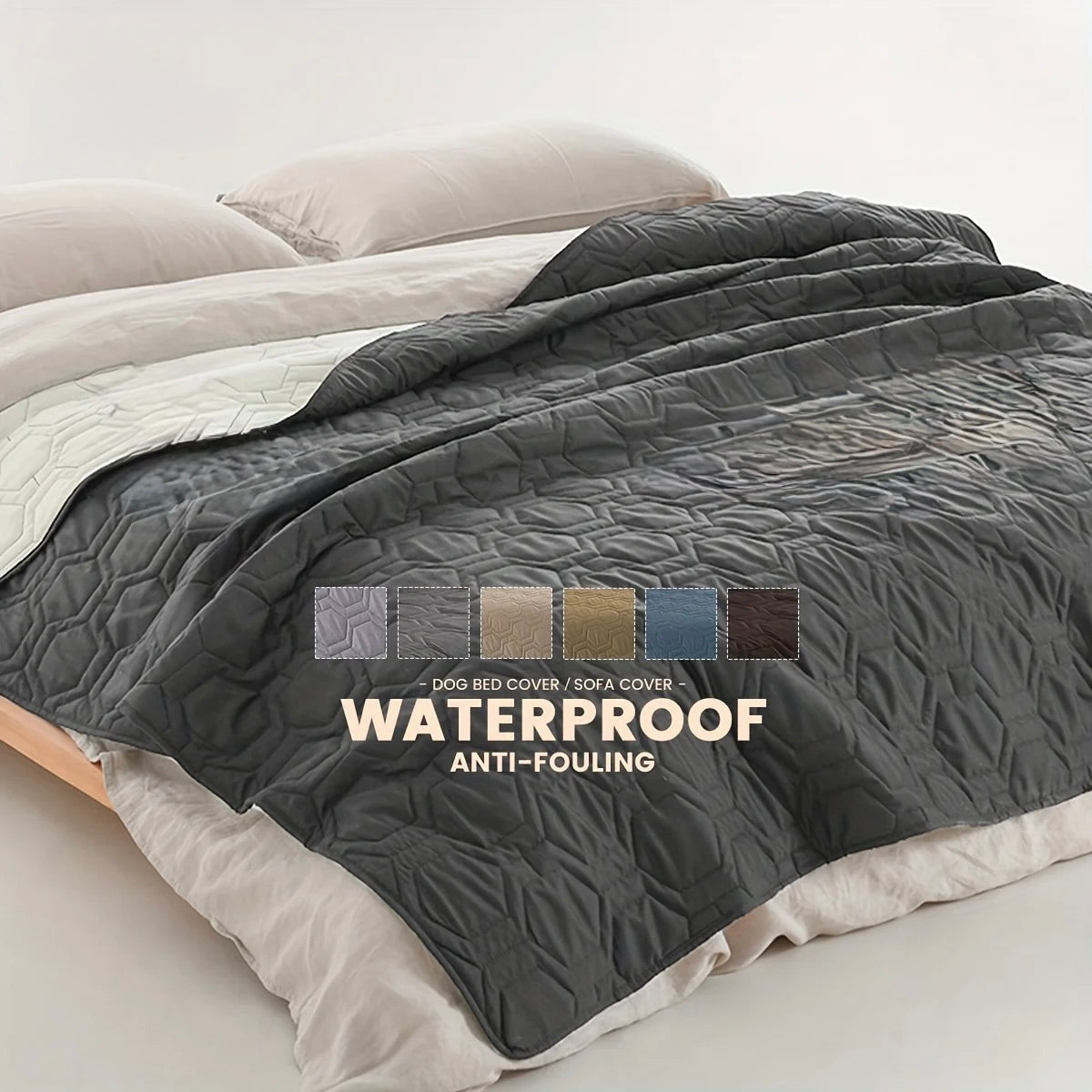 Tapis de protection de lit pour chien de couleur noir. Le tapis est posé sur un lit de couleur blanc. Image produit Boutiquechien