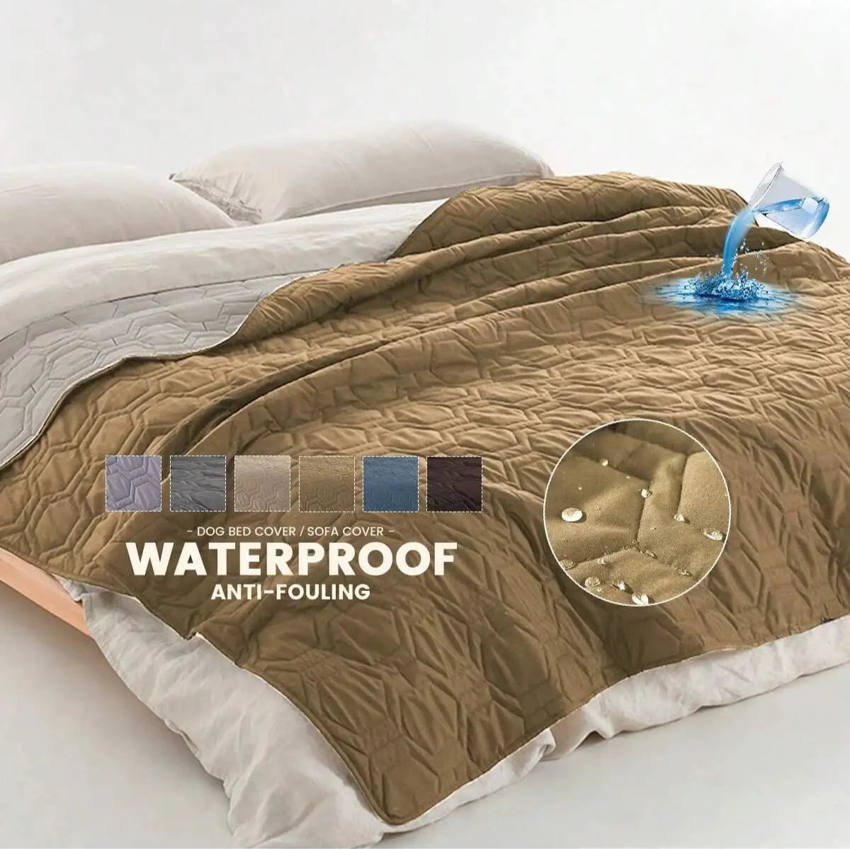 tapis de protection pour lit de couleur brun posé sur un lit blanc. Le produit est waterproof. Image produit Boutiquechien