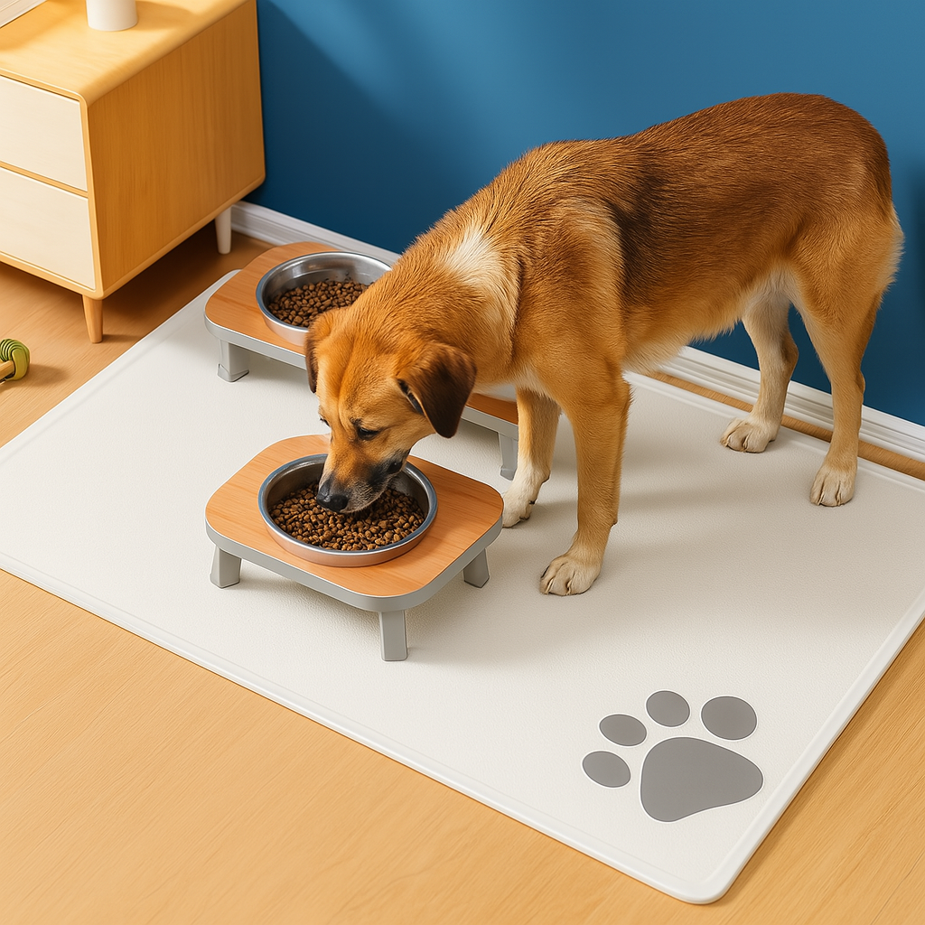 grand chien mangeant sur le tapis de protection pour chien de couleur blanc avec des pattes grise dans un salon vintage. Le mur est bleu, le parquet est en bois avec un meuble vintage. Image produit Boutiquechien