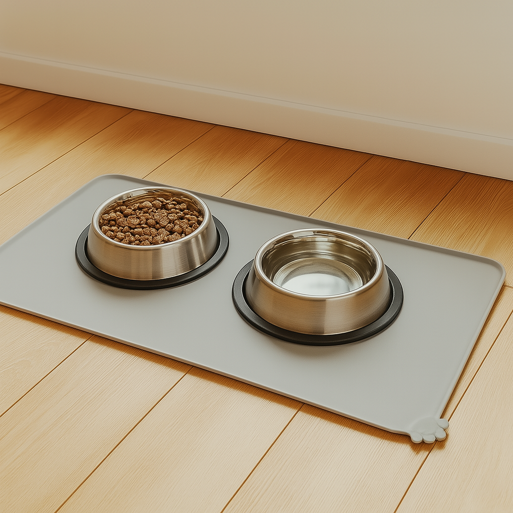 Tapis en caoutchouc pour chien de couleur gris avec deux gamelles en inox posé dessus. Image eproduit Boutiquechien