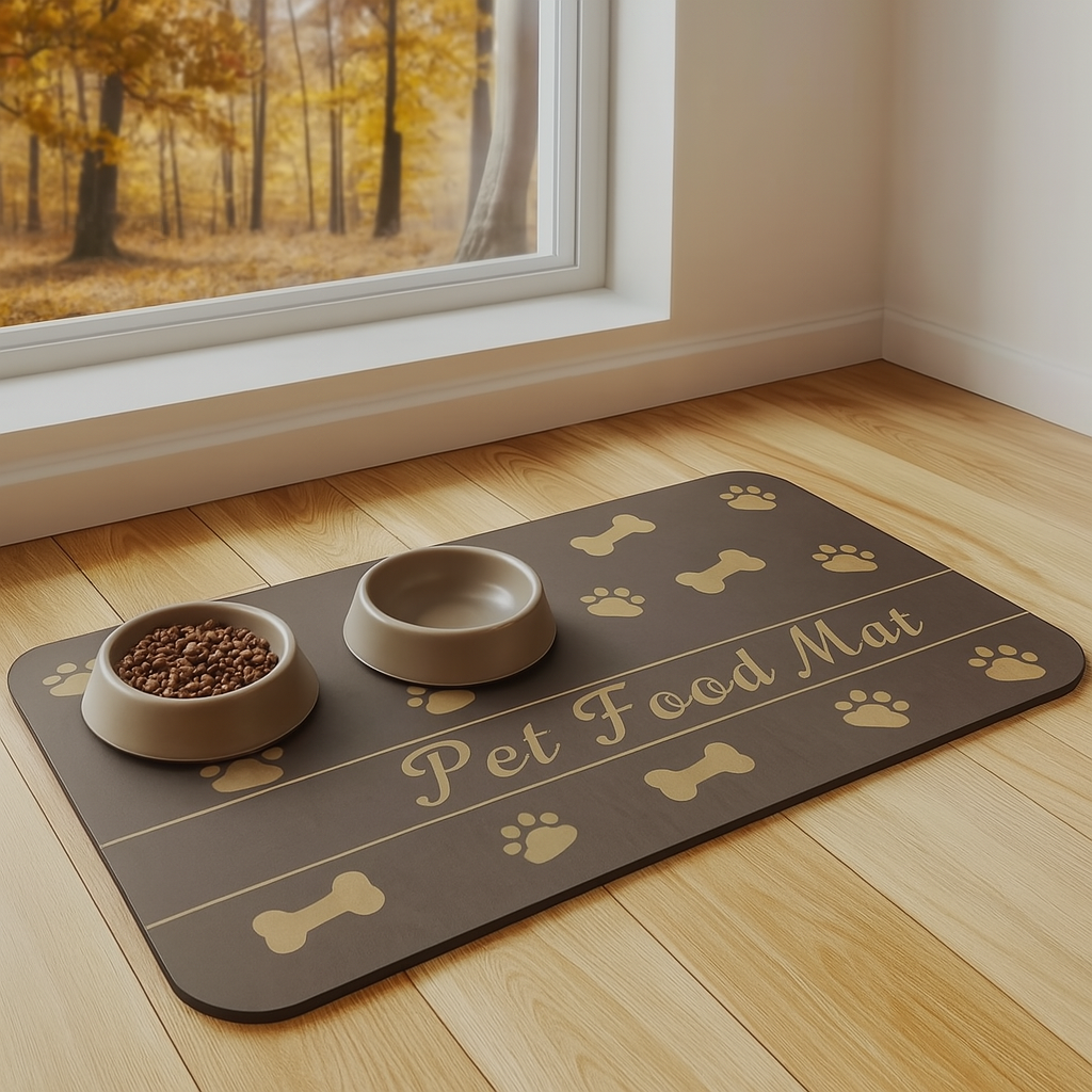 tapis gamelle pour chien de couleur foncé avec des formes de pattes et d'is. Le tapis chien est posé devant une fenêtre. Image produit Boutiquechien