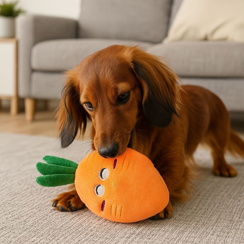 Teckel brun couché par terre jouant avec sa peluche carotte orange avec en fond un canapé gris. Image produit Boutiquechien