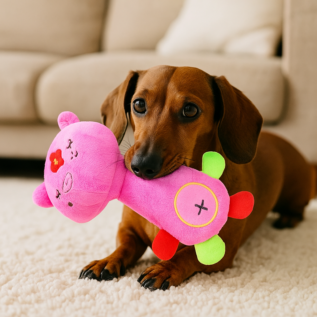 Teckel à poil ras jouant dans un salon de couleur blanc avec sa peluche en forme de cochon rose. Le chien est couché sur un tapis de couleur blanc. Image produit Boutiquechien