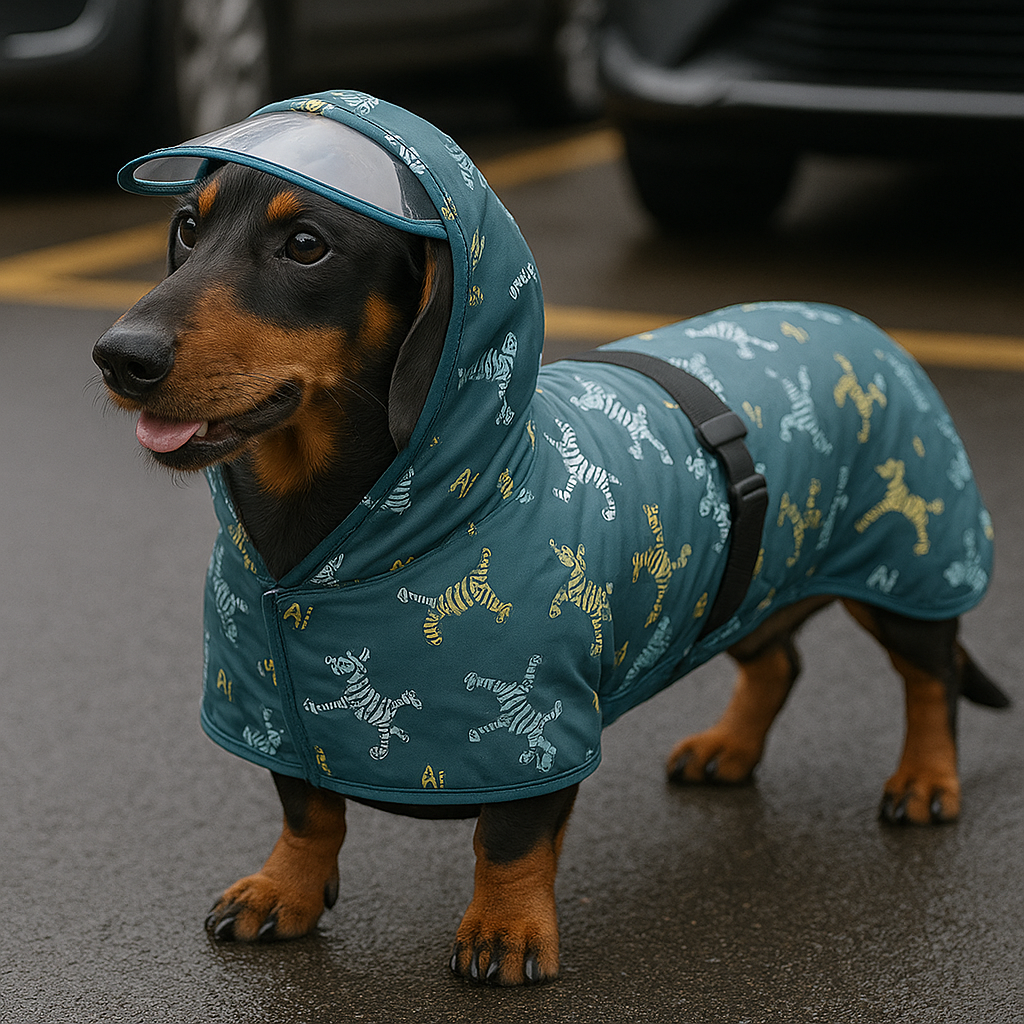 Teckel de couleur noir avec un imperméable pour chien de couleur vert foncé avec en fond des voiture noir. Image produit Boutiquechien