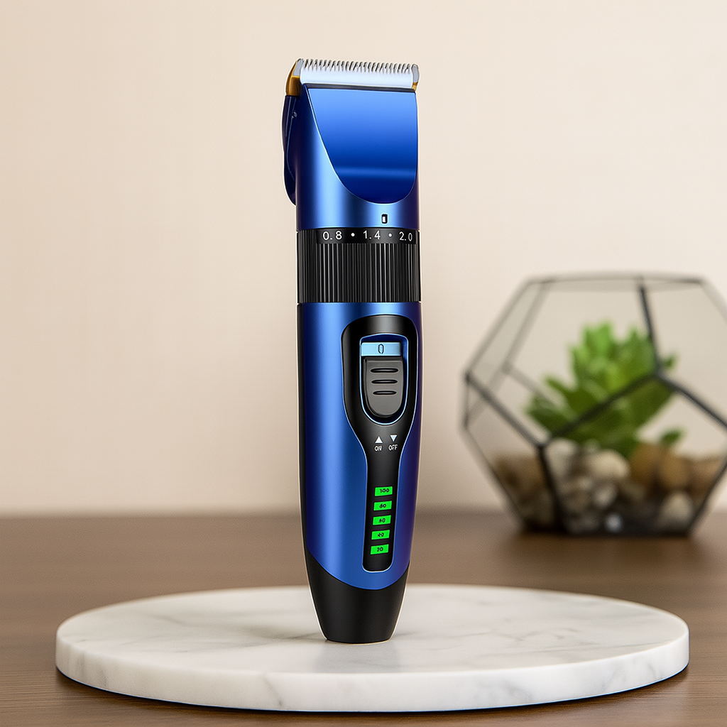tondeuse pour chien de couleur bleu et noir mis en valeur sur une plaque de marbre avec en fond une plante verte. Image produit Boutiquechien