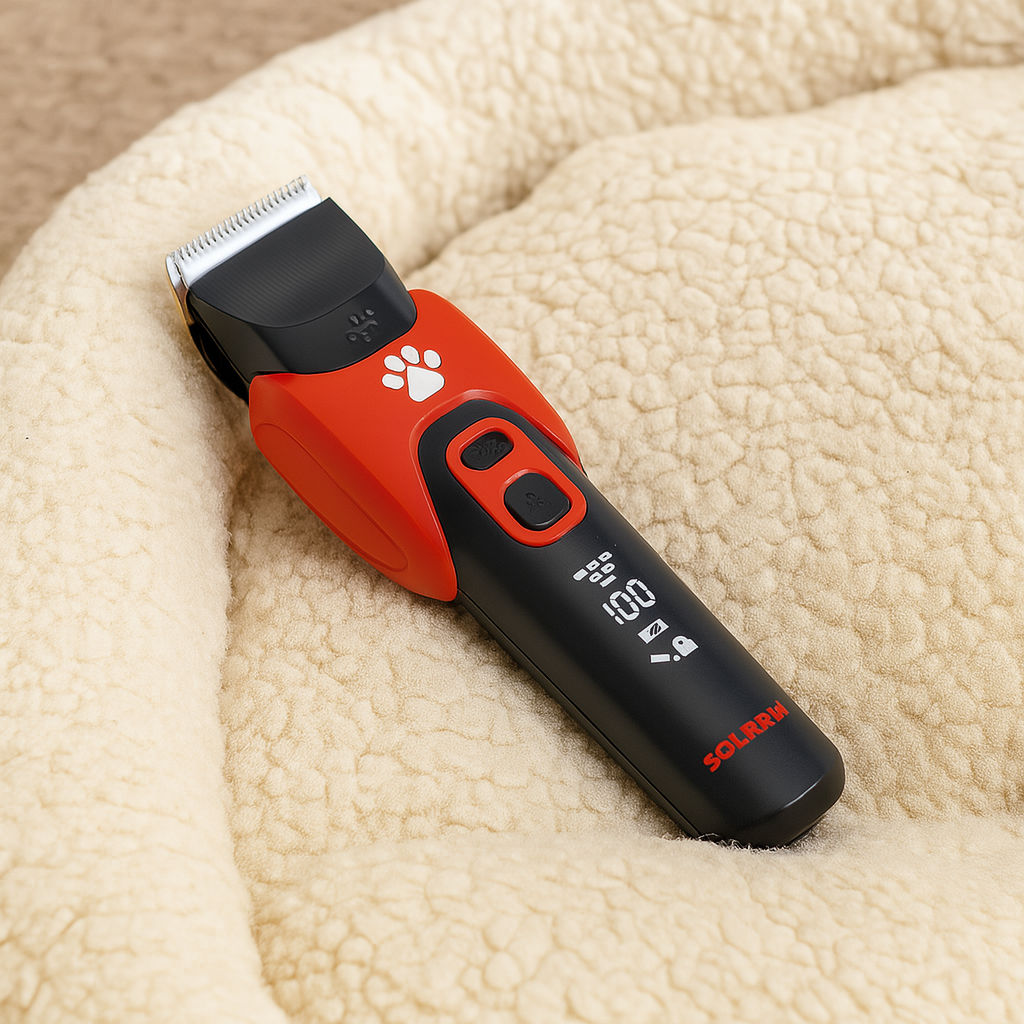 tondeuse pour chien de couleur noir et rouge posé dans un panier pour chien de couleur blanc. Image produit Boutiquechien