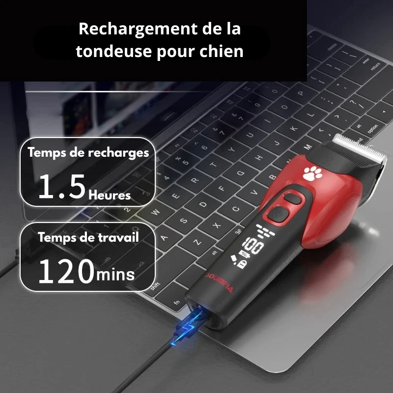 temps de charge de 1h50 pour la tondeuse chien de couleur noir et rouge. La tondeuse peut être utilisé 2h et se charge via usb c. Image produit Boutiquechien