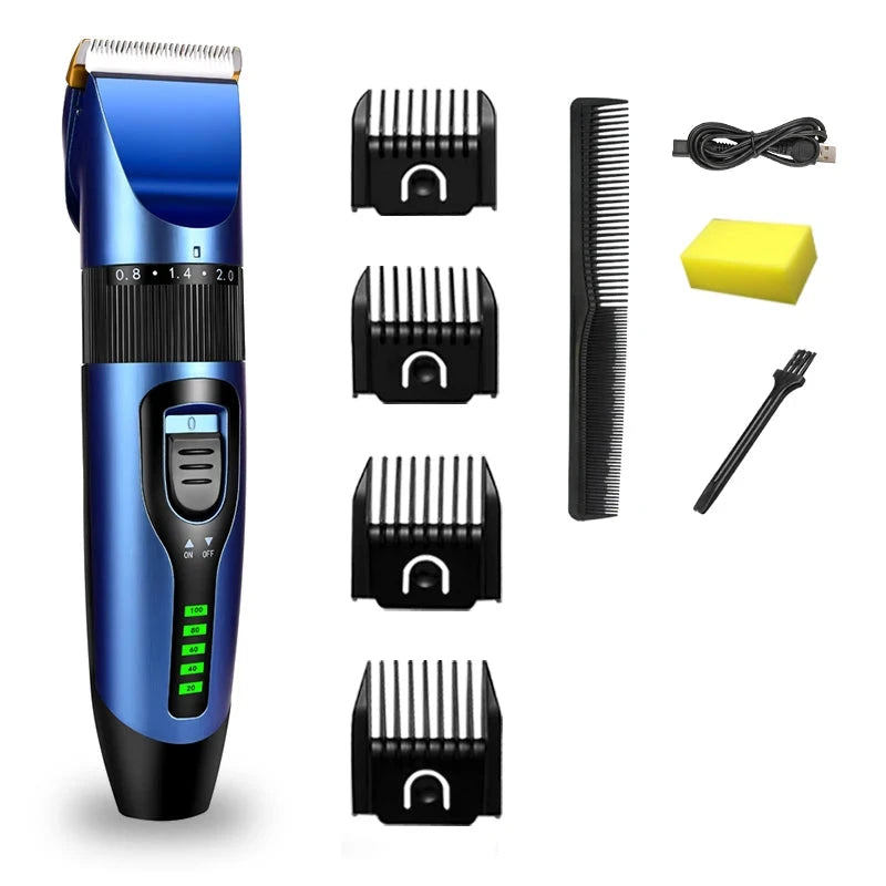 tondeuse pour chien de couleur bleu avec 4 sabots de tailles différentes, un peigne et d'autres accessoires. Image produit Boutiquechien