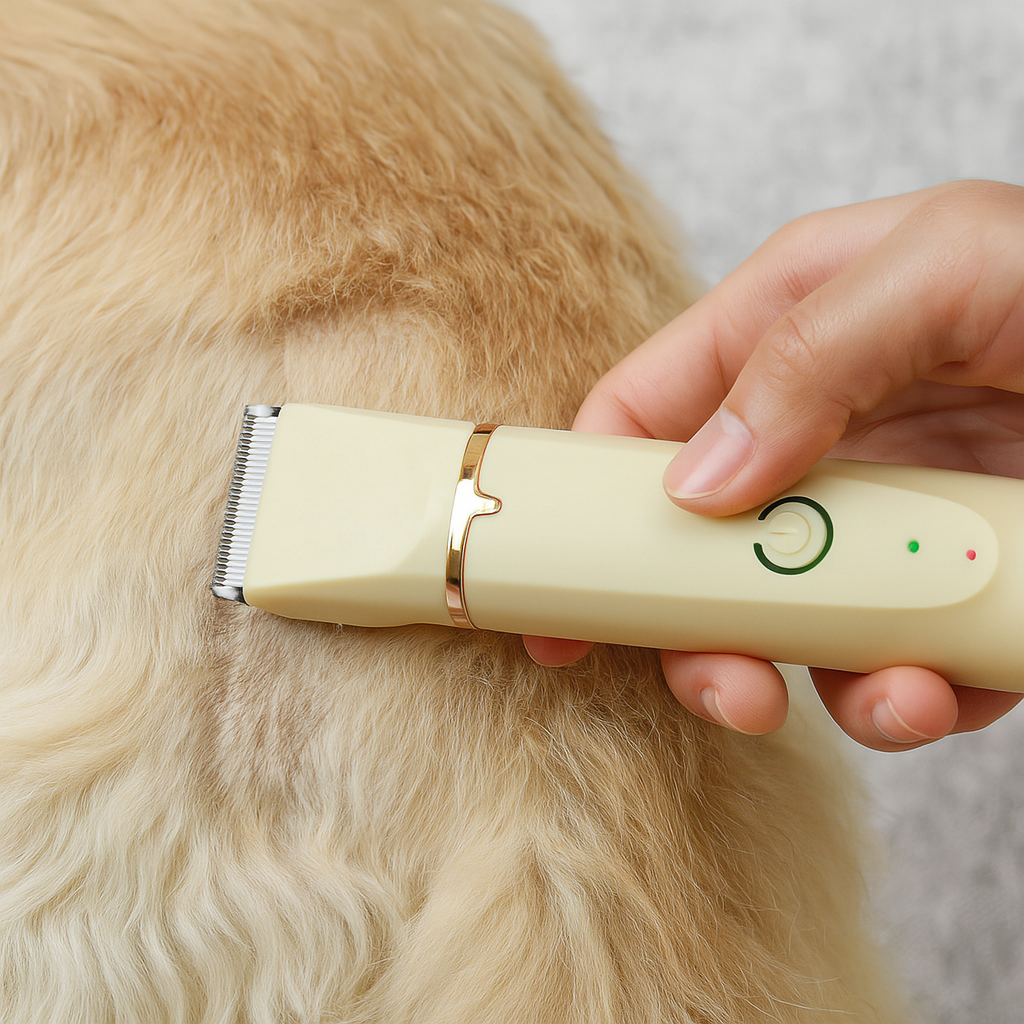 tondeuse pour chien de couleur jaune sur un golden retriever de couleur brun. Image produit Boutiquechien