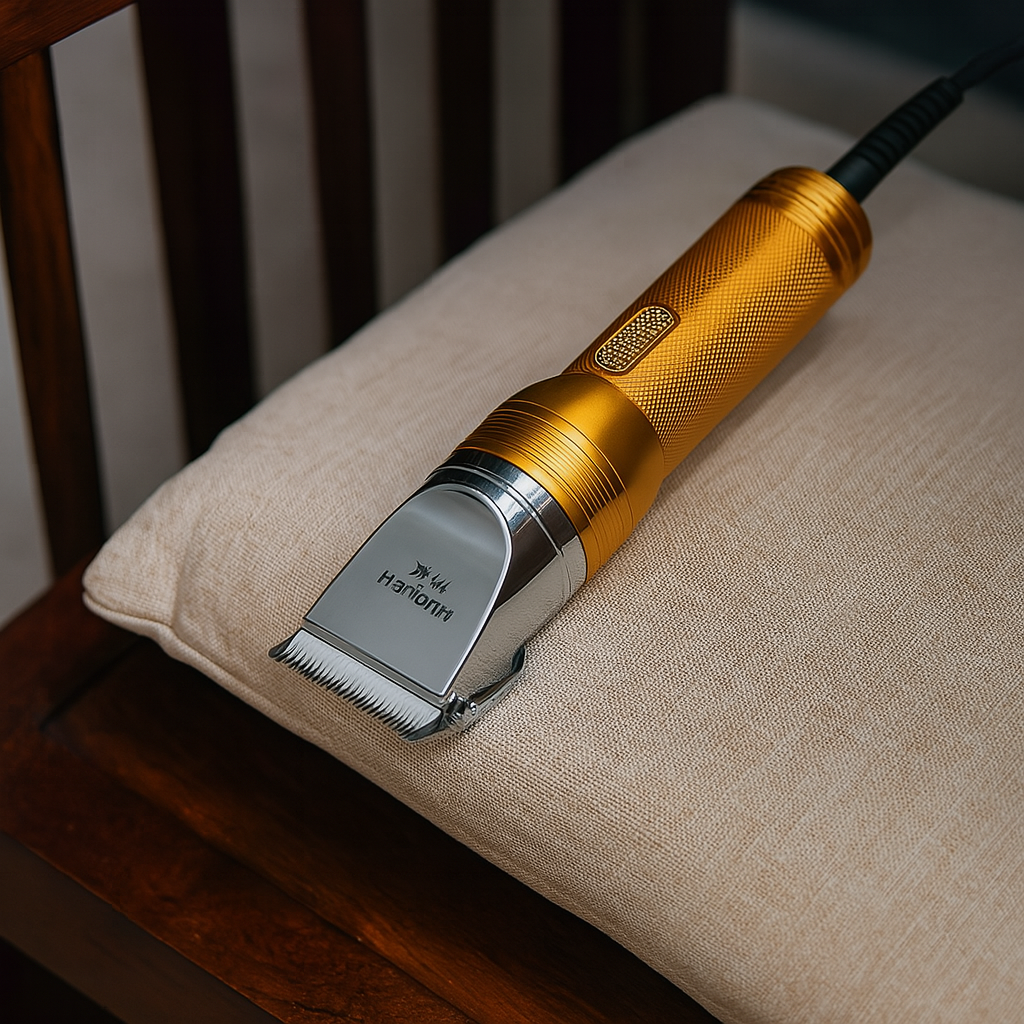 tondeuse pour chien de couleur or avec un fil noir posé sur un coussin de couleur gris. Image produit Boutiquechien