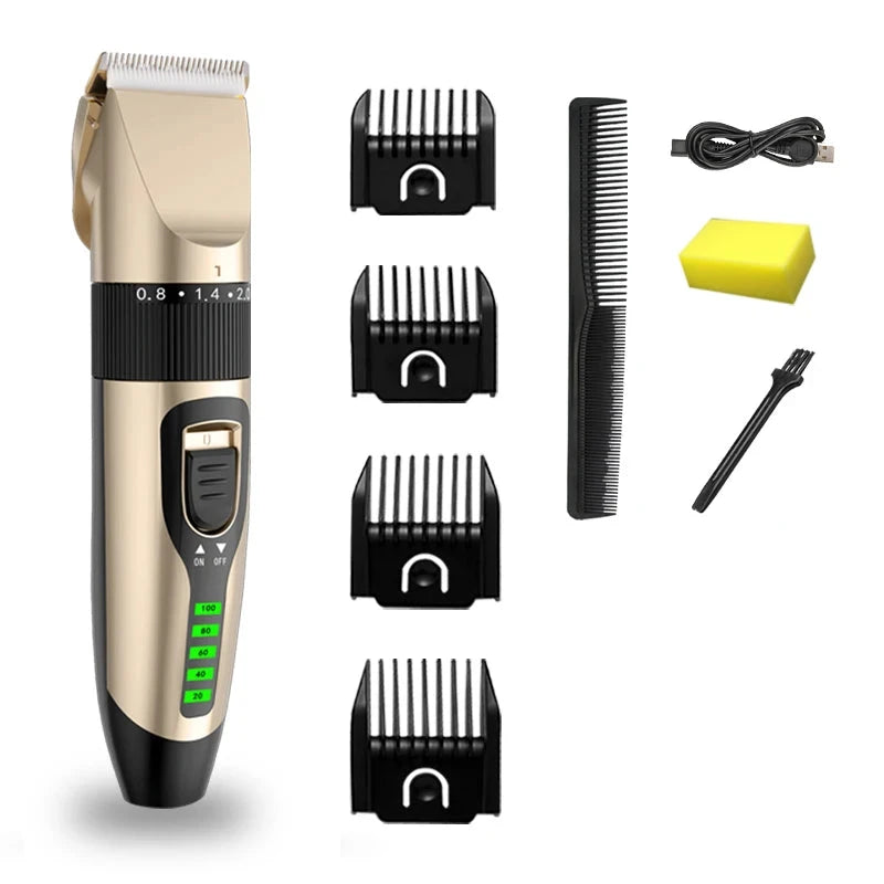 tondeuse pour chien de couleur or claire avec 4 sabots de tailles différentes, un peigne et d'autres accessoires. Image produit Boutiquechien