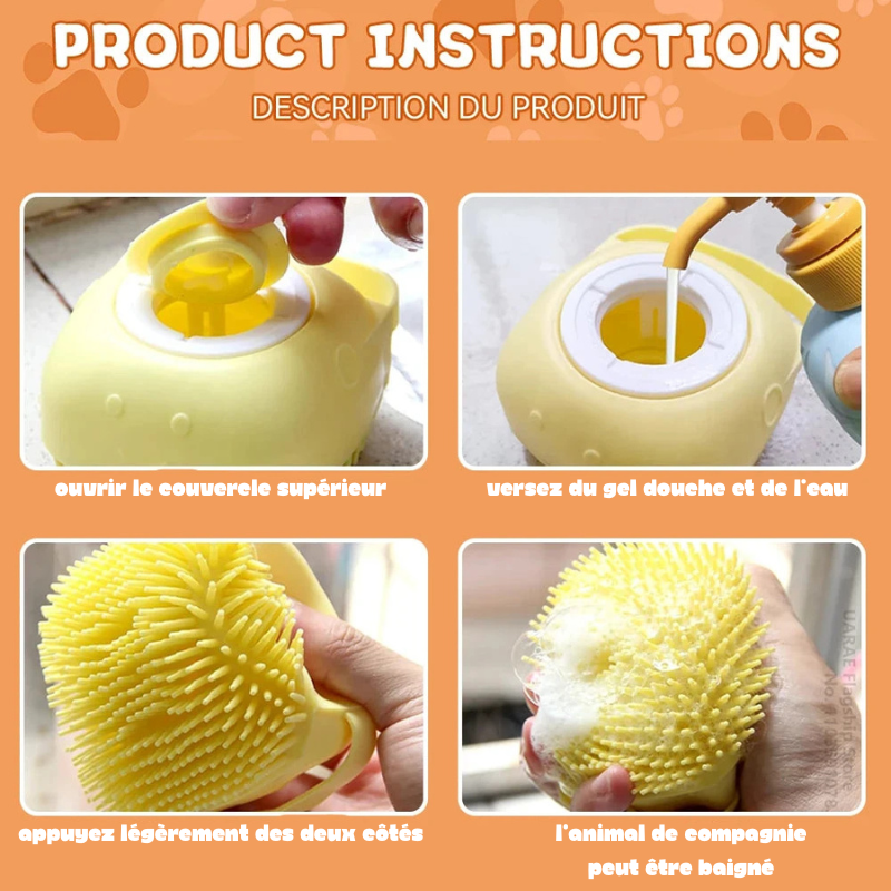 brosse lavable mousseuse de couleur jaune. Image produit Boutiquechien