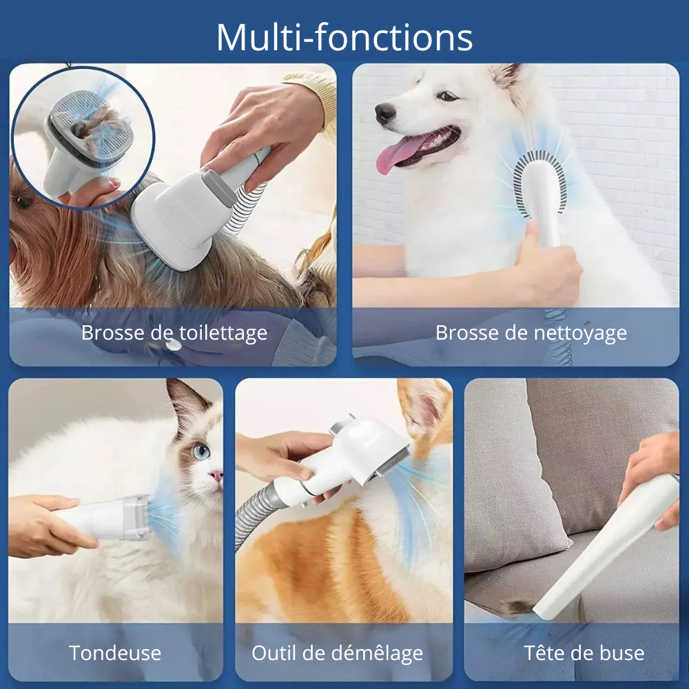 L'image montre l'utilisation multiple du pulseur chien professionnel. LE produit sert pour les animaux pour les brosser parfaitement. Image produit Boutiquechien