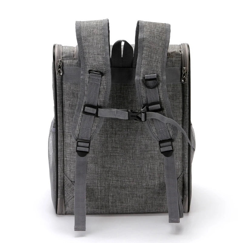 vue de dos du sac à dos pour chien de couleur gris posé. Image produit Boutiquechien