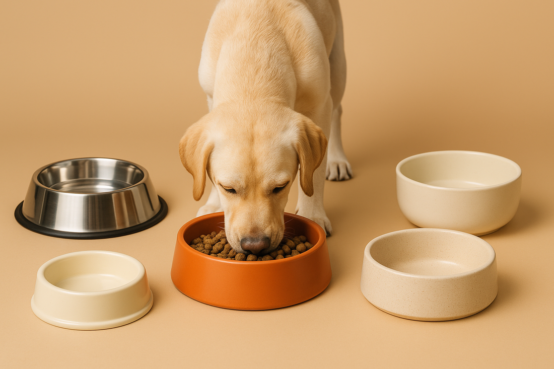 chien blanc mangeant dans une gamelle