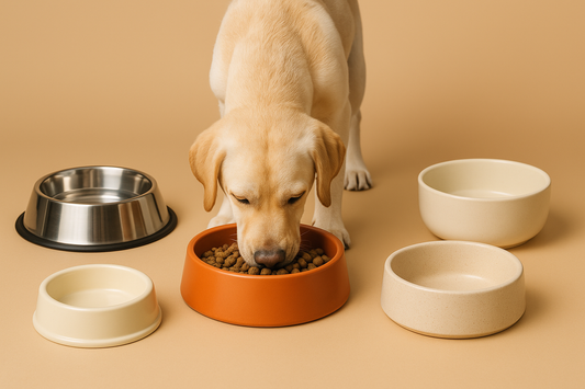 chien blanc mangeant dans une gamelle